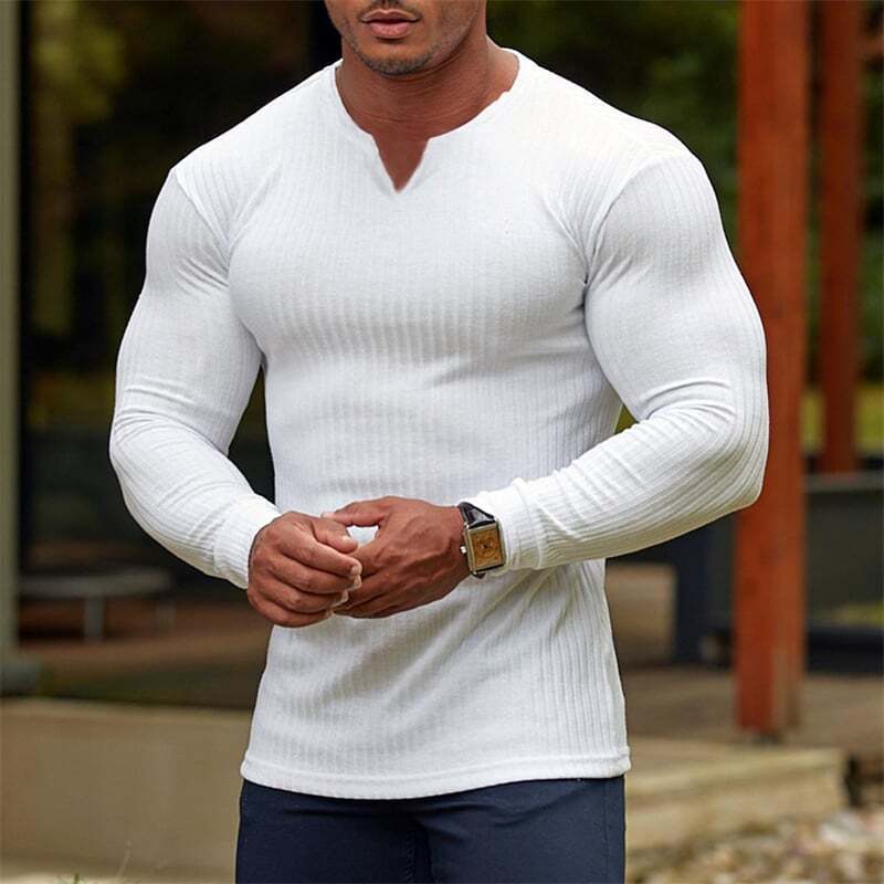 Chemise basique à col en V pour homme de couleur unie